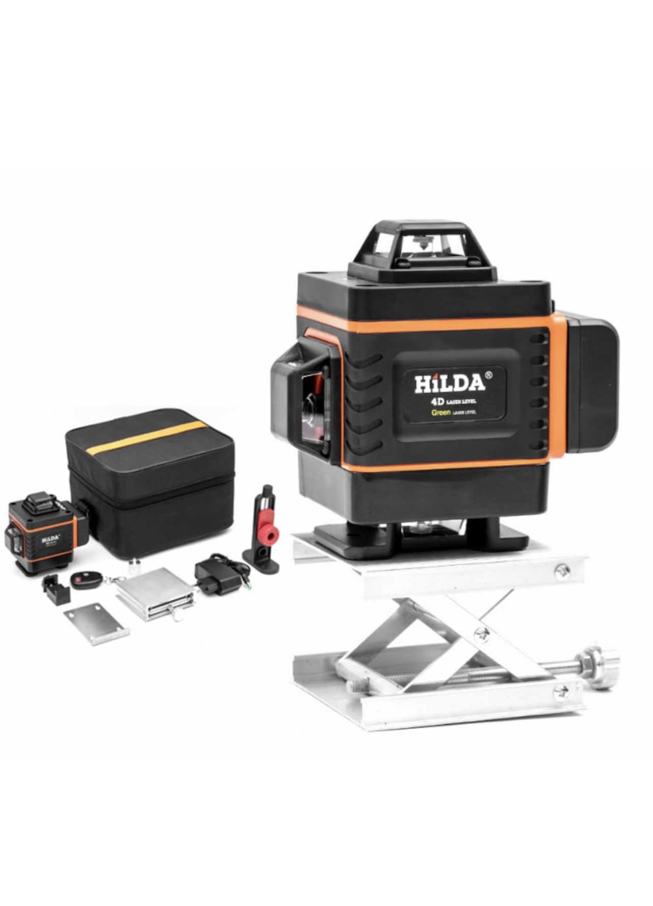 Nivela laser pentru construcții, 4D, Hilda, Profesionala, 16 linii, 4×360º, IP-54, Precizie milimetrica, acumulator reincarcabil, telecomanda și accesorii incluse