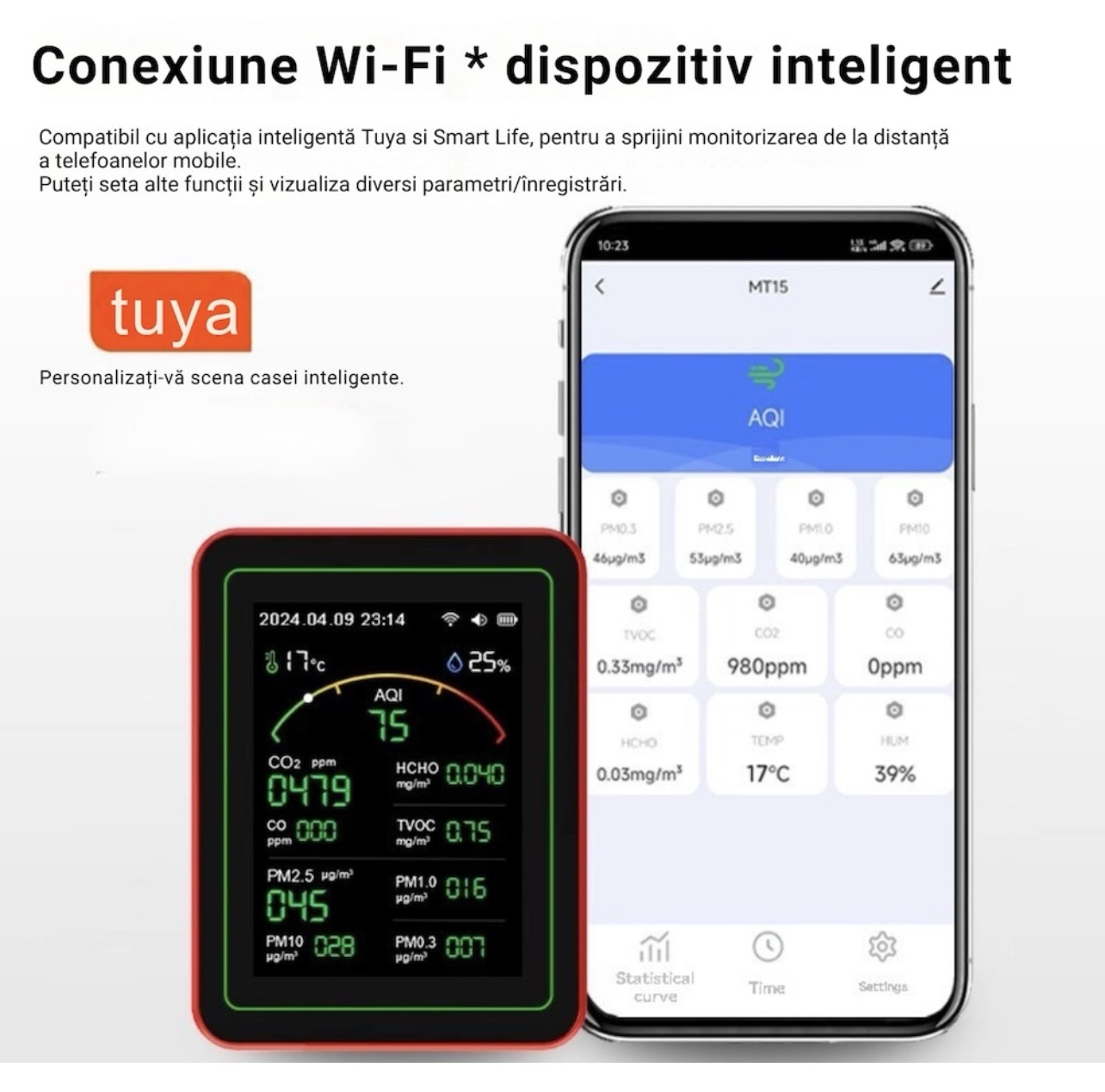 Monitor calitate aer 15-in-1 cu WiFi, afisaj color, senzori CO2, TVOC, HCHO formaldehida, temperatura si umiditate, reincarcabil usb, Tuya